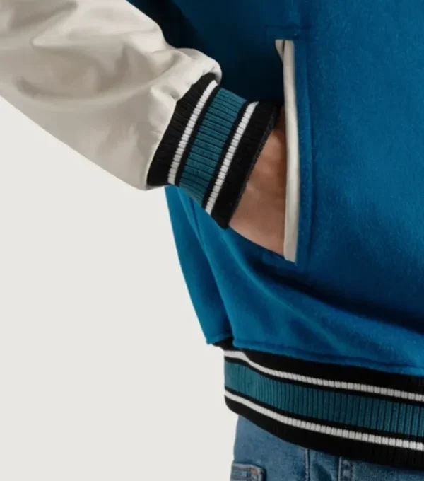 Tarell Blue and White Wool Snap Varsity Jacket CLoser