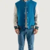 Tarell Blue and White Wool Snap Varsity Jacket Front