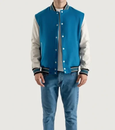 Tarell Blue and White Wool Snap Varsity Jacket Front