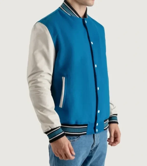 Tarell Blue and White Wool Snap Varsity Jacket Side Look