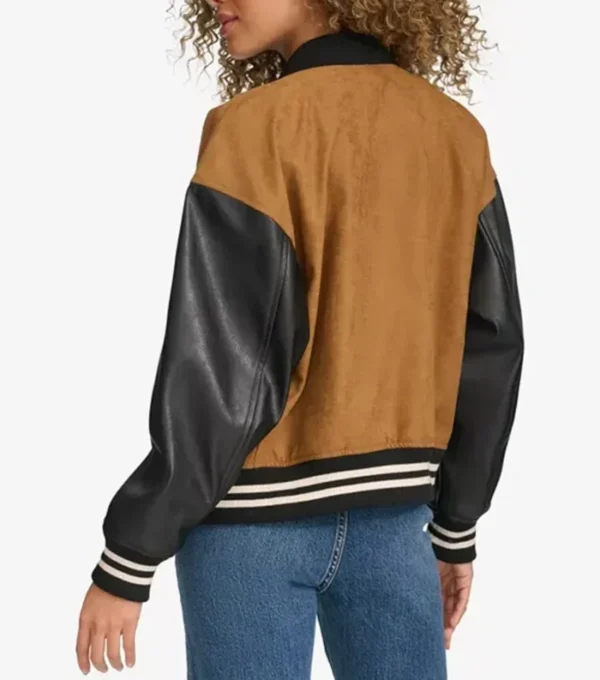 Velmira Brown Wool Letterman with Black Sleeves Jacket Back Look