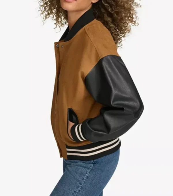 Velmira Brown Wool Letterman with Black Sleeves Jacket Side Look