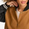 Velmira Brown Wool Letterman with Black Sleeves Jacket on Sale