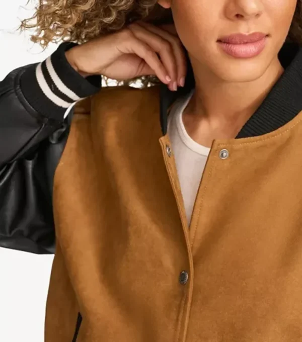 Velmira Brown Wool Letterman with Black Sleeves Jacket on Sale