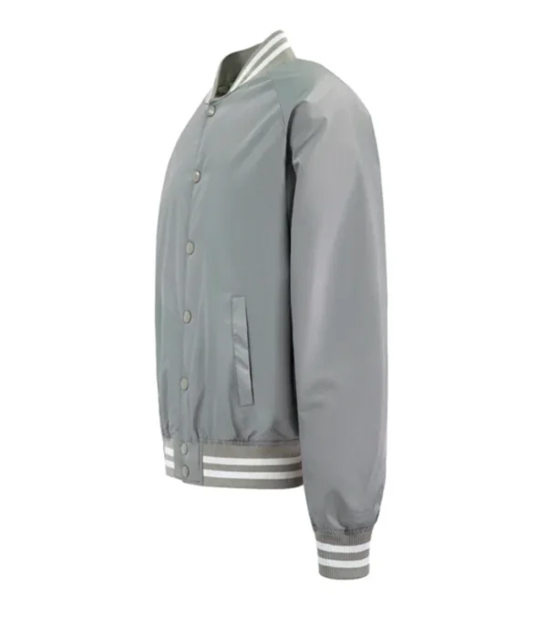 Velmira Grey Bomber Satin Jacket Side Look