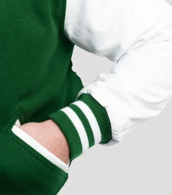 Verdant Green and White Varsity Jacket Closer