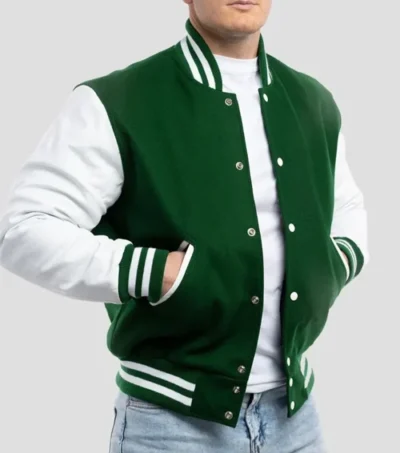 Verdant Green and White Varsity Jacket Side Look