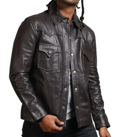 Vintage Brown Leather Trucker Jacket for Men Front