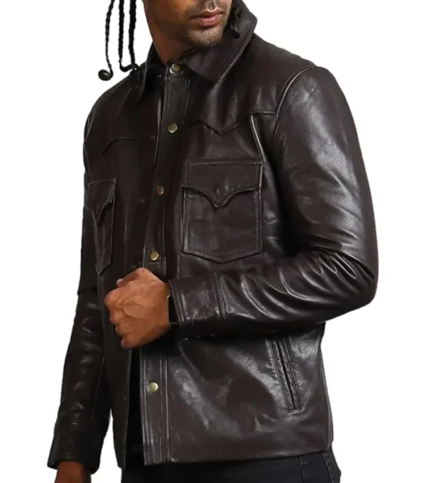 Vintage Brown Leather Trucker Jacket for Men Side Look