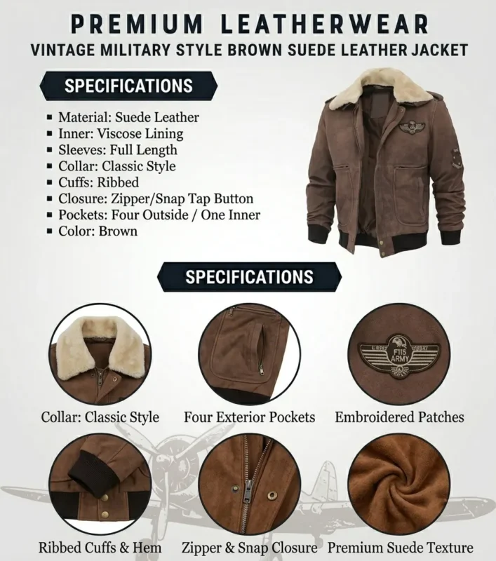 Vintage Military Style Brown Suede Leather Jacket INFO GRAPH