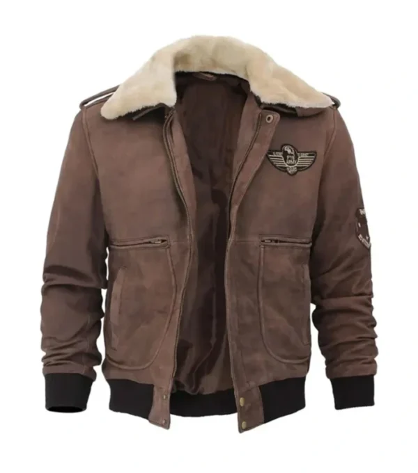 Vintage Military Style Brown Suede Leather Jacket