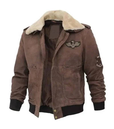Vintage Military Style Brown Suede Leather Jacket Front