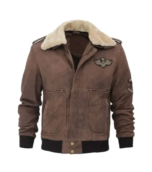 Vintage Military Style Brown Suede Leather Jacket Look