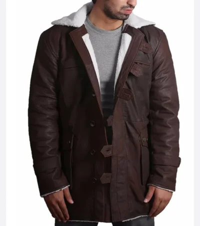 Vintage Style Brown Shearling Leather Coat Front