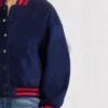 Virella Navy Classic Wool Varsity Jacket Closer