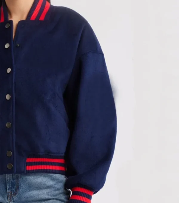 Virella Navy Classic Wool Varsity Jacket Closer
