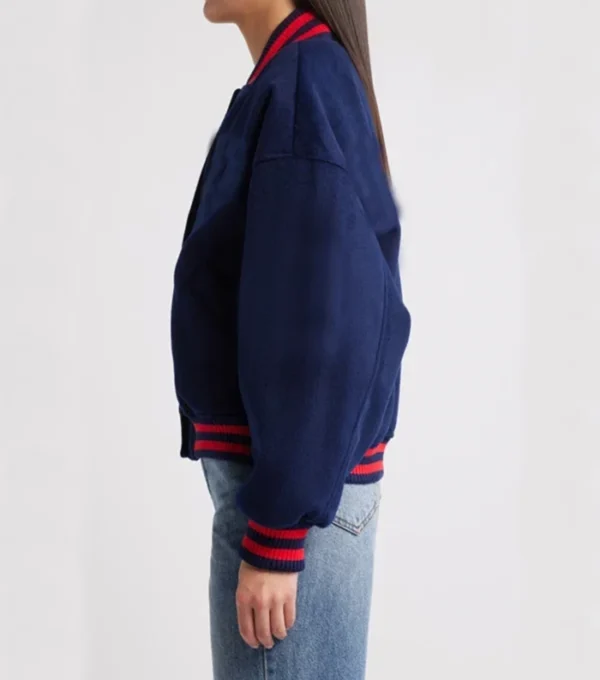 Virella Navy Classic Wool Varsity Jacket Side Look