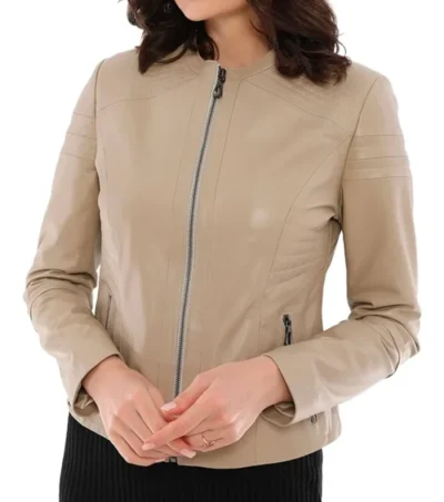 Women Beige Slim Fit Leather Jacket