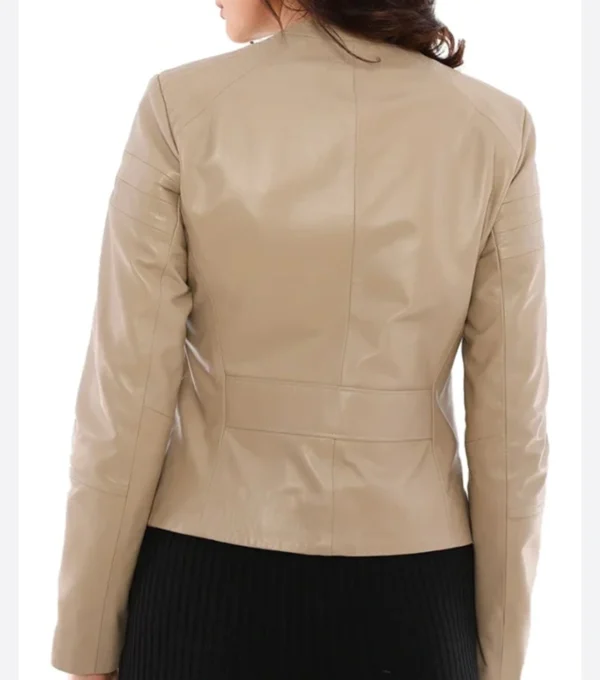 Women Beige Slim Fit Leather Jacket Back