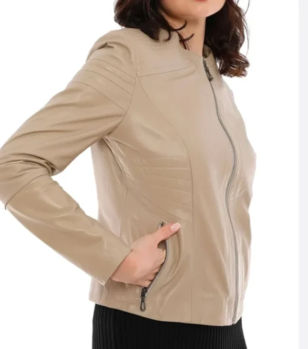 Women Beige Slim Fit Leather Jacket Side Look
