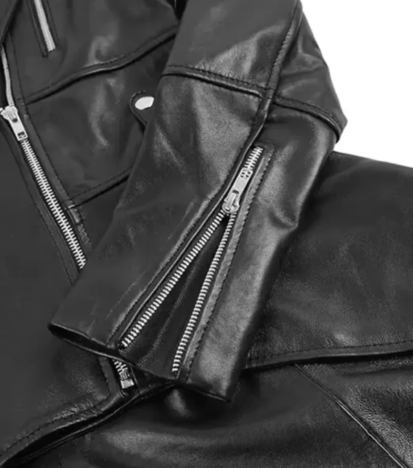 Women Black Peplum Style Leather Jacket Closer