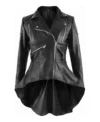 Women Black Peplum Style Leather Jacket Front