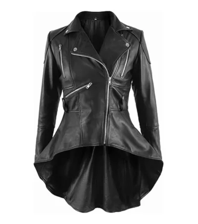 Women Black Peplum Style Leather Jacket Front