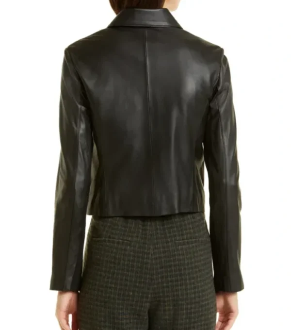Women Black Plain Biker Leather Jacket Back