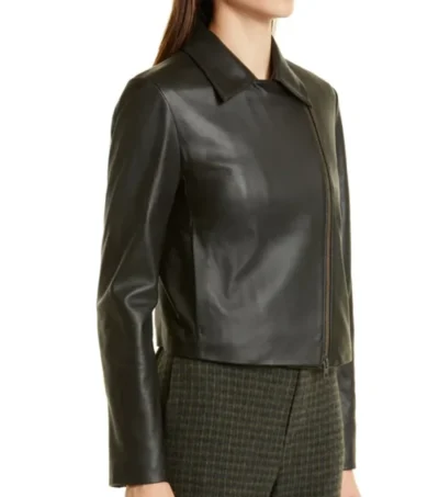 Women Black Plain Biker Leather Jacket Side Look