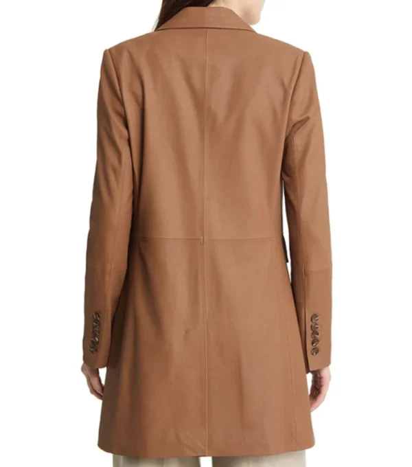 Women Brown Plain Leather Trench Coat Back