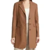 Women Brown Plain Leather Trench Coat Front