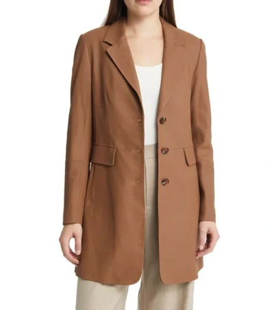 Women Brown Plain Leather Trench Coat Front