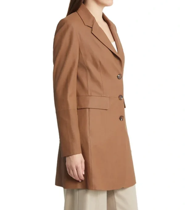 Women Brown Plain Leather Trench Coat Side Look