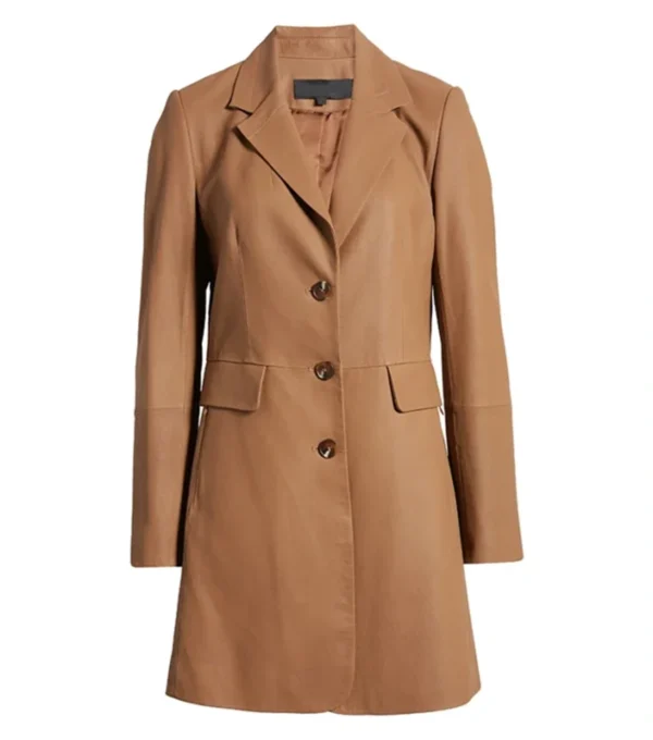 Women Brown Plain Leather Trench Coat on Sale