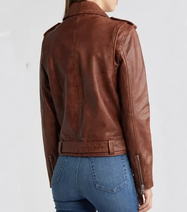 Women Brown Stylish Biker Leather Jacket Back