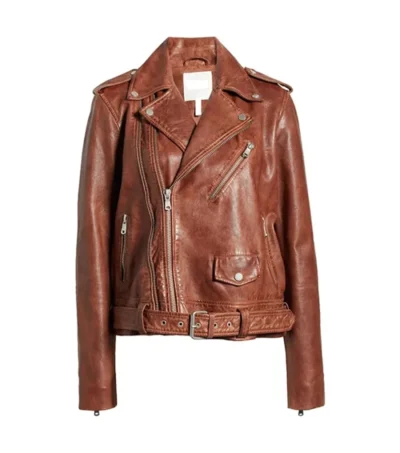 Women Brown Stylish Biker Leather Jacket Front