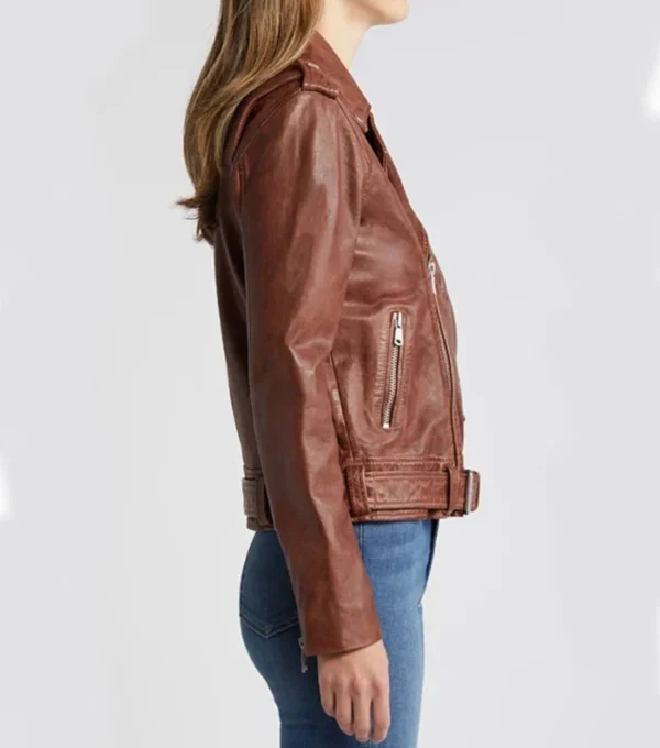 Women Brown Stylish Biker Leather Jacket Side Look