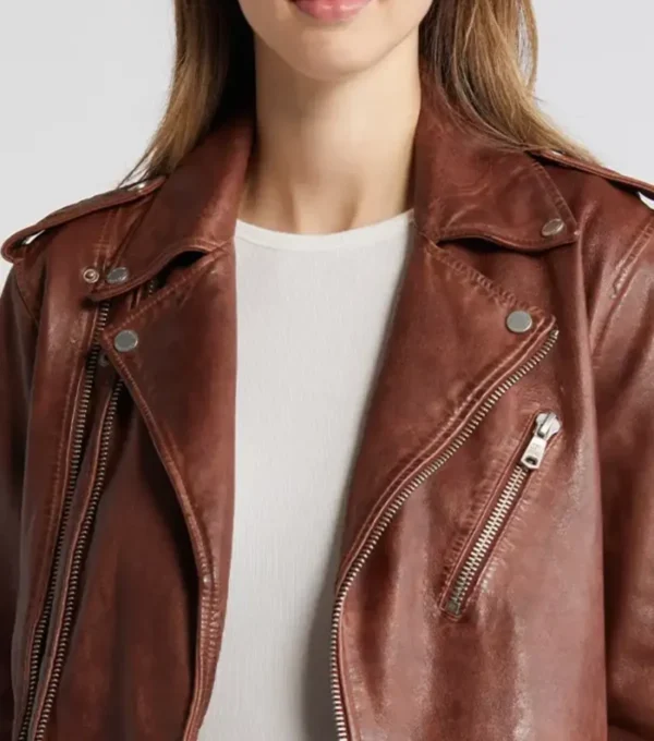 Women Brown Stylish Biker Leather Jacket on Sale
