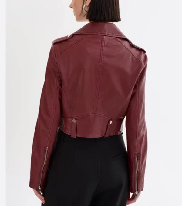 Women Burgundy Biker Leather Jacket Back