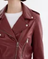 Women Burgundy Biker Leather Jacket Front