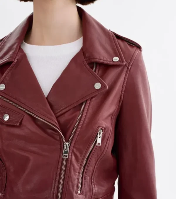 Women Burgundy Biker Leather Jacket Front