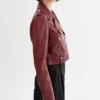 Women Burgundy Biker Leather Jacket Side Look