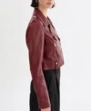 Women Burgundy Biker Leather Jacket Side Look
