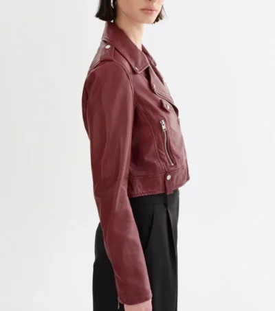 Women Burgundy Biker Leather Jacket Side Look