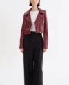 Women Burgundy Biker Leather Jacket on Sale