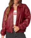 Women Maroon Bomber Leather Jacket