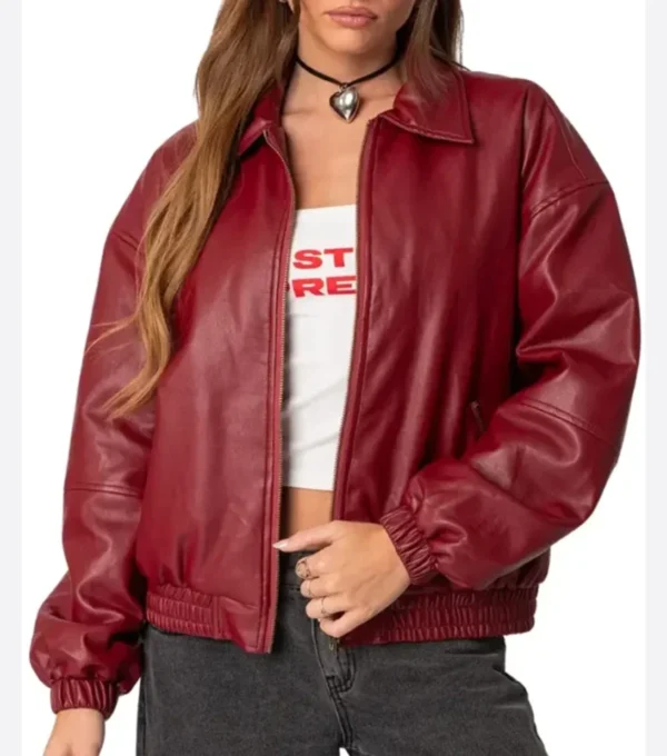 Women Maroon Bomber Leather Jacket