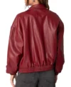Women Maroon Bomber Leather Jacket Back