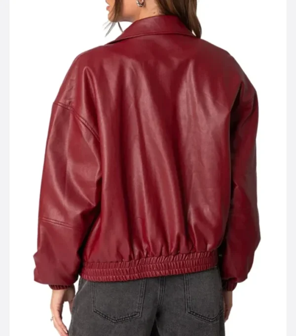 Women Maroon Bomber Leather Jacket Back