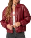 Women Maroon Bomber Leather Jacket Front